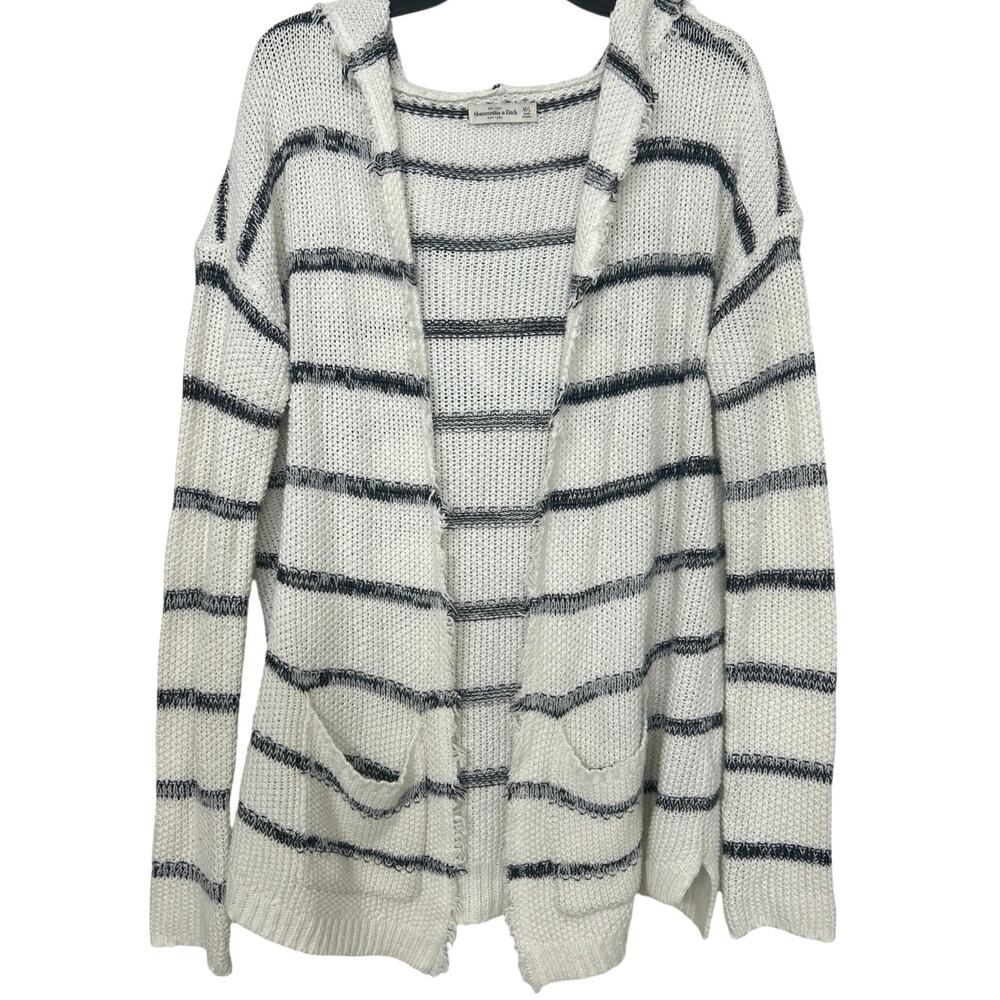 Abercrombie & Fitch Coastal Striped Hooded Cardigan White Navy Slouchy Knit M/L